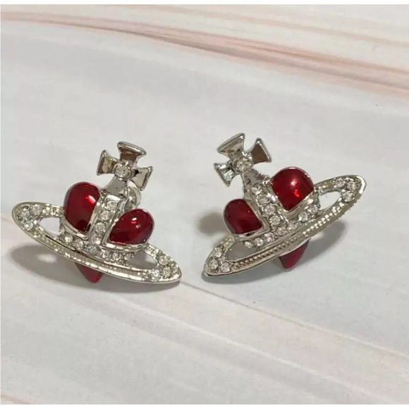 NWT! Vivienne Westwood Diamante Red Heart Orb Earrings Silver Outlet authentic - Picture 5 of 6